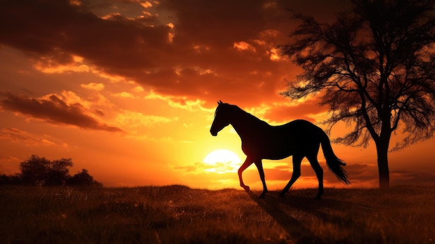 日の出を背景にシルエットの馬