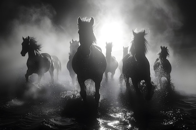 Silhouetted Horses Running Through Water at Sunset Dust and Spray Rising