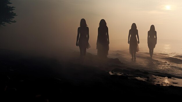 Silhouetted individuals on the beach during summer fog