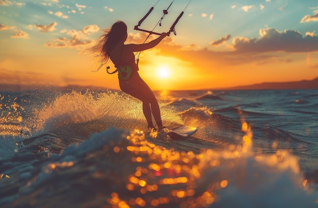 Foto una silhouette di un kitesurfista che si diverte a fare un giro al tramonto sulle scintillanti onde del mare