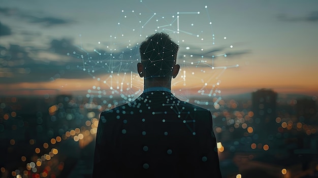 Silhouetted man with digital brain network overlay against cityscape