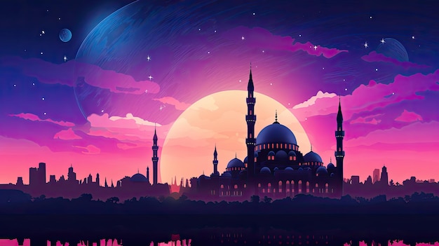 Silhouetted Mosque against colorful Ramadan sky