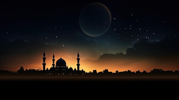 Silhouetted mosque against a dimly lit sky with Eid crescent Islamic Eid or Ramadan backdrop