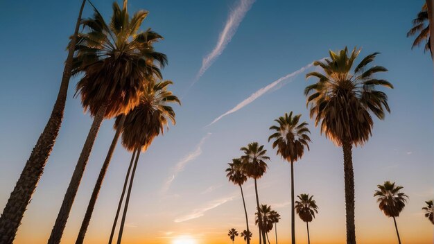 Silhouetted palm trees against a sunset sky