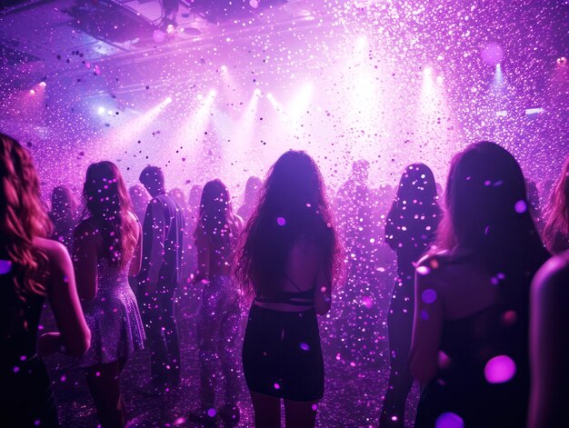 Photo silhouetted people at a vibrant party with pink and purple lighting generative ai generative ai