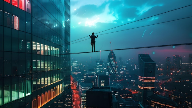 어두워지면서 초고층 빌딩 사이를 는 실루 인물 (Tightrope Walking Between Skyscrapers at Dusk Urban HighWire Act) 은 도시 풍경에서 위험과 용기를 상징하는 행위이다.