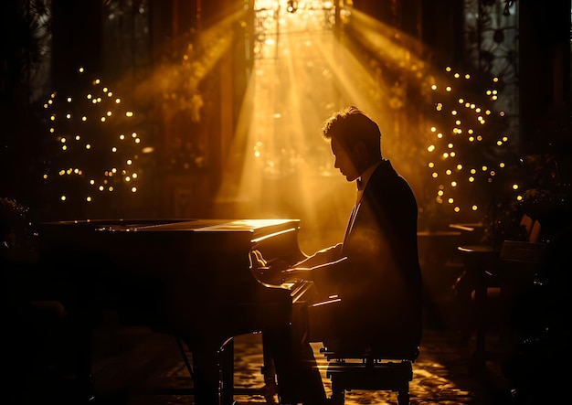 Foto a silhouetted pianist enveloped in warm light amidst sparkles intimate concert setting captured ai