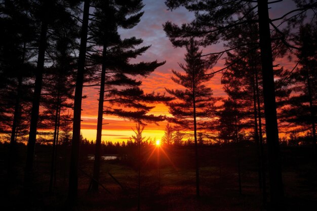 Photo silhouetted pine trees against a solstice sunrise