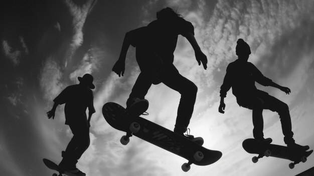 Photo silhouetted skateboarders against dramatic cloudy sky perfect for urban sports themes