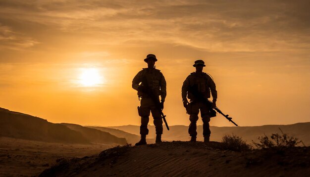 Фото Силуэтные солдаты стоят на вершине пустынного холма при заходе солнца, полностью оснащенные, символизируя устойчивость, единство.