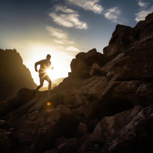 Silhouetted trail runner man scrambling in rocks at sunrise Illustration AI GenerativexA