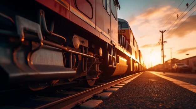 Photo silhouetted train driving at sunset tiltshift photography