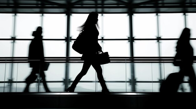 현대 공항 터미널에서 산책하는 실루 여행자 들 은 빛나는 유리 구조 배경 을 가지고 있다.