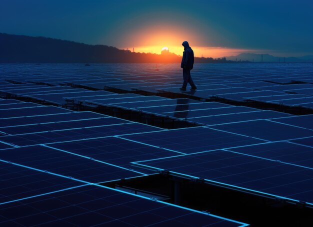 Фото Силуэт работника проверяет солнечные панели при заходе солнца на объекте возобновляемой энергии