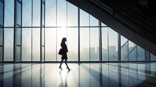 Silhouetted young woman walking in a contemporary office building