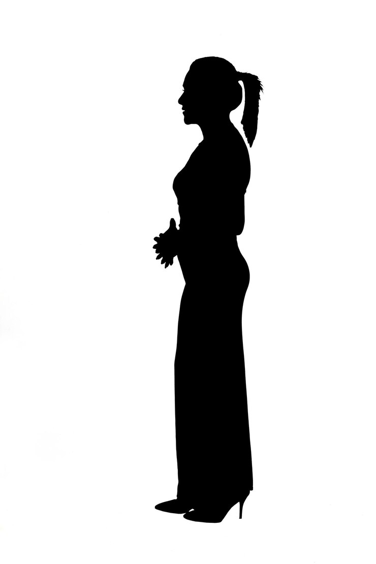 silhouettef women with dress and heeled shoes and ponytail on white background