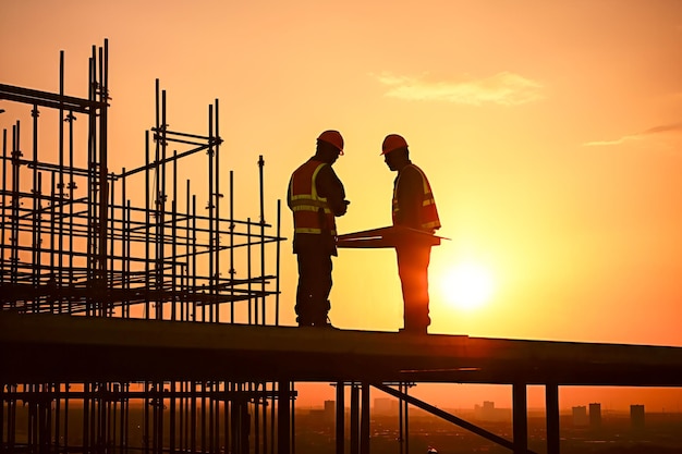 Silhouetten van arbeiders op de bouwplaats bij zonsondergang Generatieve AI