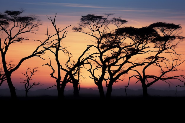 Silhouetten van bomen in de schemering