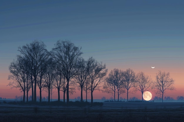 Foto silhouetten van bomen tegen de schemering van de hemel met ondergaande zon en opkomende maan