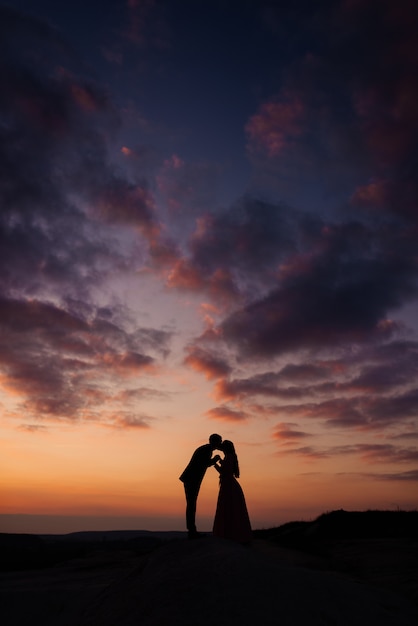 Silhouetten van de bruid en bruidegom, de pasgetrouwden kijken elkaar hand in hand en kussen. Bruiloft fotografie concept. kopieer ruimte