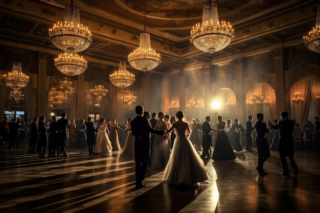 Silhouetten van de bruid en bruidegom die dansen in de hal van het hotel Een elegante balzaal vol dansende mensen AI Generated