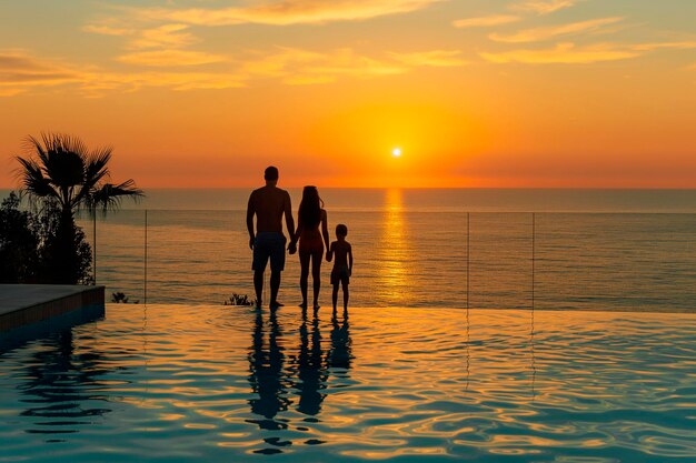 Silhouetten van een gelukkig gezin tijdens de zomervakantie bij het zwembad