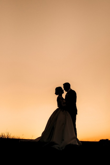 Silhouetten van een gelukkig jong stel, jongen en meisje op een achtergrond van oranje zonsondergang in de zandwoestijn