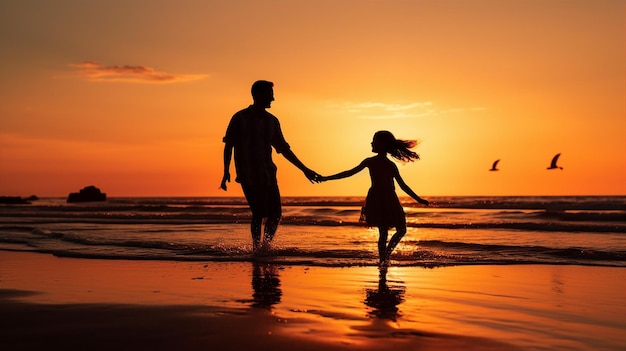 Silhouetten van een gezin dat tijdens zonsondergang vrolijk over het strand rent en de schoonheid van de natuur vastlegt
