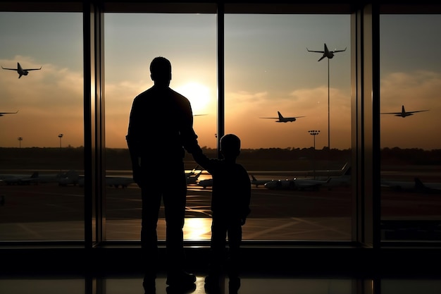 Silhouetten van een vader en zoon die bij een uitgestrekt vliegveldvenster staan