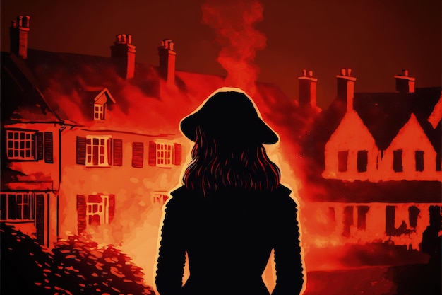 Silhouetten van een vrouw tegen de achtergrond van een brandend dorp Fantasieconcept Illustratie schilderij Generatieve AI