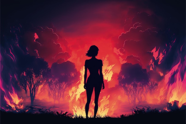 Silhouetten van een vrouw tegen de achtergrond van een brandend dorp Fantasieconcept Illustratie schilderij Generatieve AI