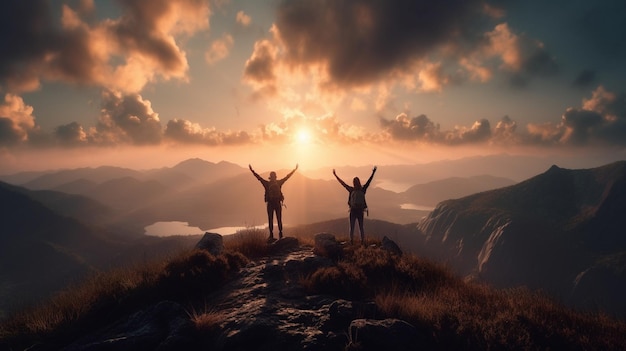 Silhouetten van gelukkige vrienden met opgeheven handen die op de top van een berg staan tijdens zonsonderganggeneratieve ai