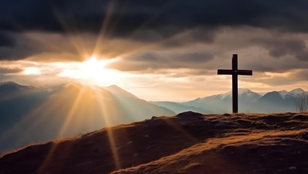 Foto silhouetten van het kruisbeeld op de top van de berg met zonlicht generatieve ai