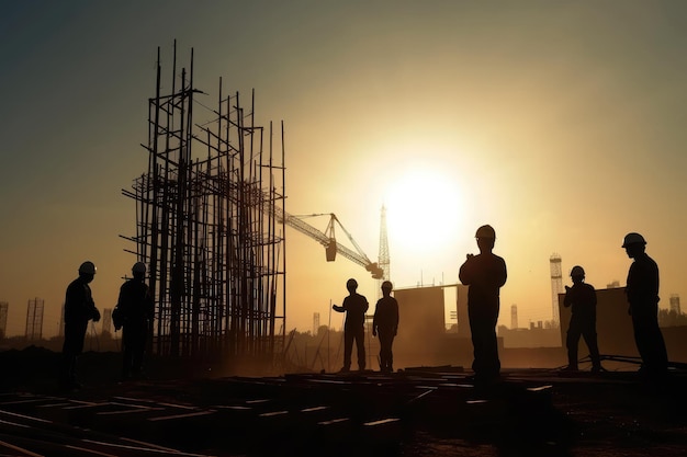 Silhouetten van ingenieurs op de bouwplaats bij zonsondergang Generatieve AI