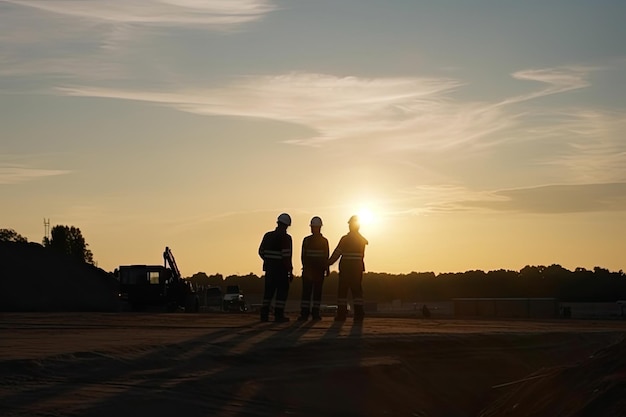 Silhouetten van ingenieurs op de bouwplaats bij zonsondergang generatieve ai