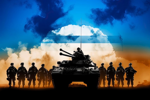 silhouetten van Israëlische soldaten met militaire uitrusting met een achtergrond van de kleuren van de Israëlische vlag