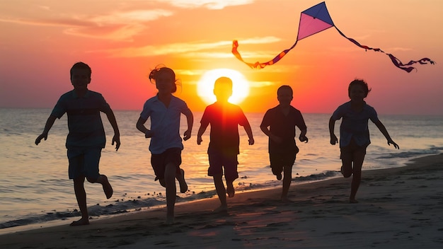 Silhouetten van kinderen die spelen bij zonsondergang