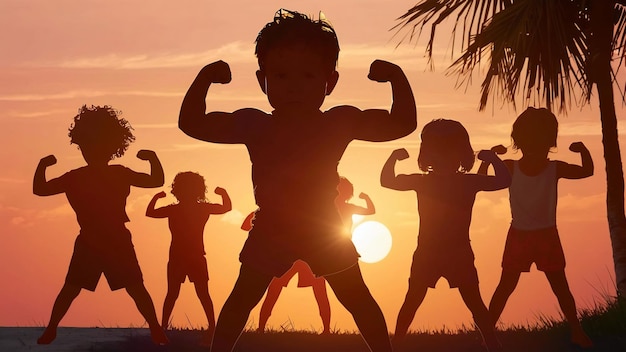 Silhouetten van kinderen met spieren bij zonsondergang