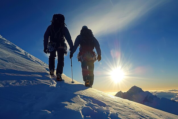 Silhouetten van klimmers tegen schitterend zonlicht op de berg De silhouetten van twee klimmers