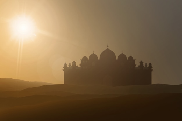 Silhouetten van majestueuze moskee op woestijn