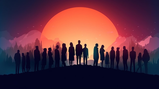 Silhouetten van mensen die op een heuvel staan met een zonsondergang op de achtergrond.