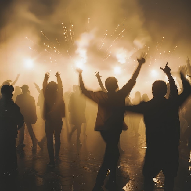 Foto silhouetten van mensen die vieren in de mist die door ai zijn gegenereerd.