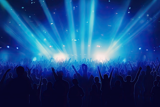Silhouetten van mensen in druk concert met blauwe lichtstralen