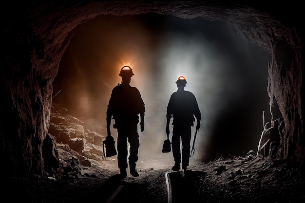 Silhouetten van mijnwerkers in een helm met lantaarns in een donkere grotverkenning en geologisch werk kolenwinning warm licht Generatieve AI