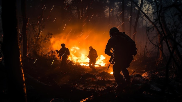 silhouetten van militaire soldaten met wapens op oranje vuur achtergrond generatieve ai