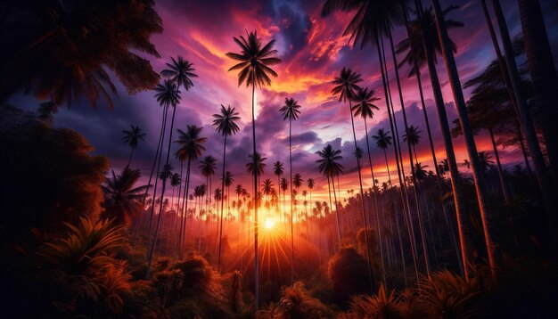 Silhouetten van palmbomen bij zonsondergang Een levendige lucht
