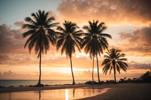 Silhouetten van palmbomen op een tropisch strand bij zonsondergang