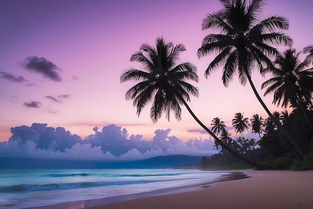 Silhouetten van palmbomen tegen de schemering van de strandhemel