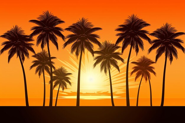 Silhouetten van palmbomen tegen een tropische zonsondergang