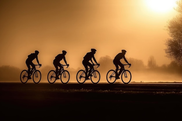 Silhouetten van professionele wielrenners op de weg bij zonsondergang Generatieve AI